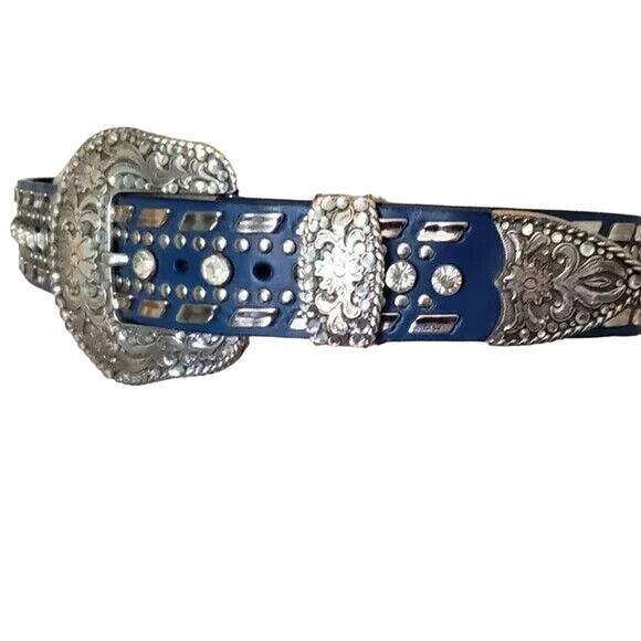Nocona Blue Leather Belt Clear Crystal Stud Silver Tone Buckle Western Small 26" - Picture 14 of 16